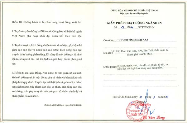 Giấy phép in hóa đơn của Cty in Bình Minh PAT